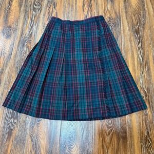 Vintage Wool Plaid Kilt Skirt Green Blue Red Pleated Midi Made in USA Size 10
